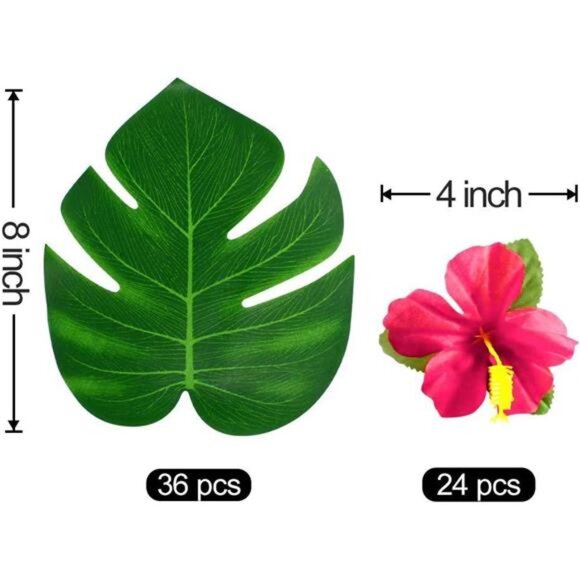 60Pcs Tropical Party Decorations Supplies Tropical Palm Leaves Hibiscus Flower - Picture 15 of 16